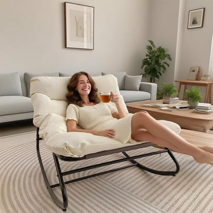 Oversized Papasan Rocking Chair with Cushion, 300 lbs Weight Capacity, Comfortable Indoor Outdoor Lounge Chair for Patio, Garden, Living Room & Bedroom–White