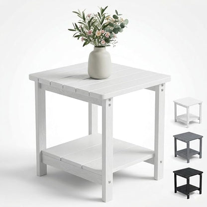 Square Outdoor Side Table Adirondack Side Table, Waterproof & 2-Tier Small End Table for Patio, Beach Chair & Poolside, Bedside Table for Living Room & Bedroom, Easy Assembly, White