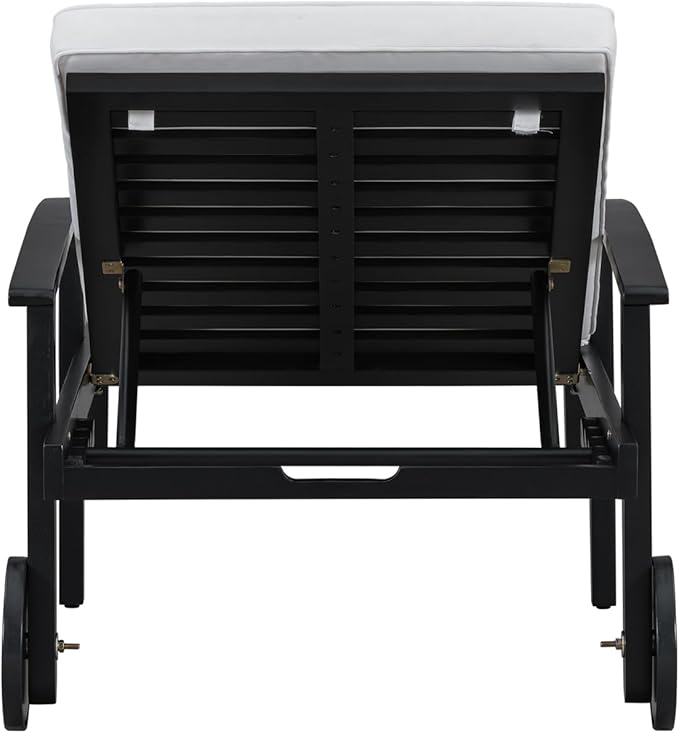 Outdoor Chaise Lounge Chair, Pool Lounge Chairs with Wheels, 5-Position Adjustable Backrest & Wood Frame, Patio Lounge Chair for Pool Poolside Sunbathing Backyard Beach (Black White)