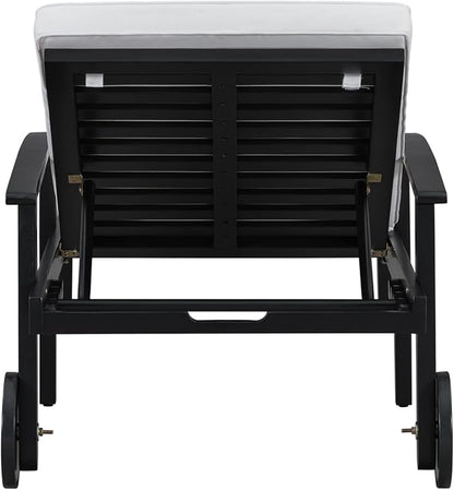 Outdoor Chaise Lounge Chair, Pool Lounge Chairs with Wheels, 5-Position Adjustable Backrest & Wood Frame, Patio Lounge Chair for Pool Poolside Sunbathing Backyard Beach (Black White)