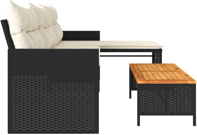 vidaXL L-Shaped Patio Sofa Set - Black Poly Rattan Outdoor Furniture with Acacia Wood Table and Cream White Cushions
