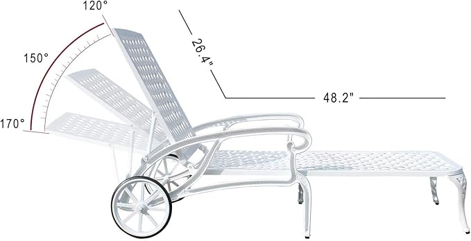 KEIKI Chaise Lounge Chair Outdoor Set of 2, Aluminium Cast Patio Chaise Lounge with Adjustable Backrest and Moveable Wheels, 3 Pieces Outside Tanning Chair, White and White (Side Table Not Included)