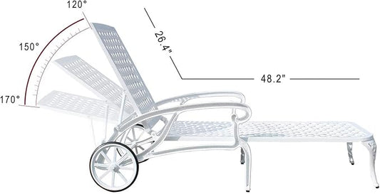 KEIKI Chaise Lounge Chair Outdoor Set of 2, Aluminium Cast Patio Chaise Lounge with Adjustable Backrest and Moveable Wheels, 3 Pieces Outside Tanning Chair, White and White (Side Table Not Included)