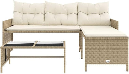 vidaXL L-Shaped Patio Sofa Set in Beige Poly Rattan – Outdoor 3-Seater Lounge with Table, Cushions & Washable Covers