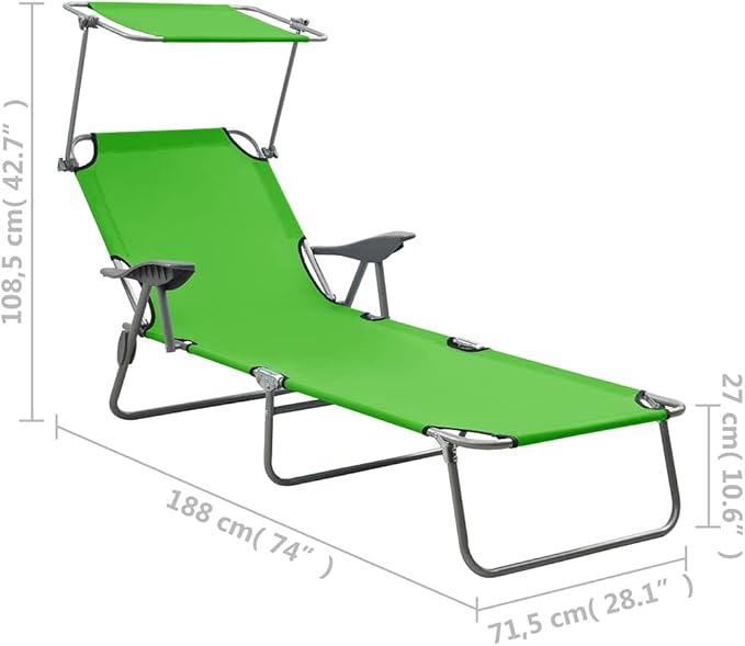 Green Folding Outdoor Sun Lounger 74 x 28.1 x 10.6 in Powder-Coated Steel Adjustable Backrest Chaise for Patio Poolside - Photo 2