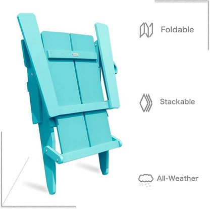 Modern Folding Adirondack Chair, All-Weather HIPS Plastic Outdoor Lounge with Cup Holder, Stackable Resin Patio Chair for Fire Pit, Garden, Deck & Backyard Seating (Teal Blue)