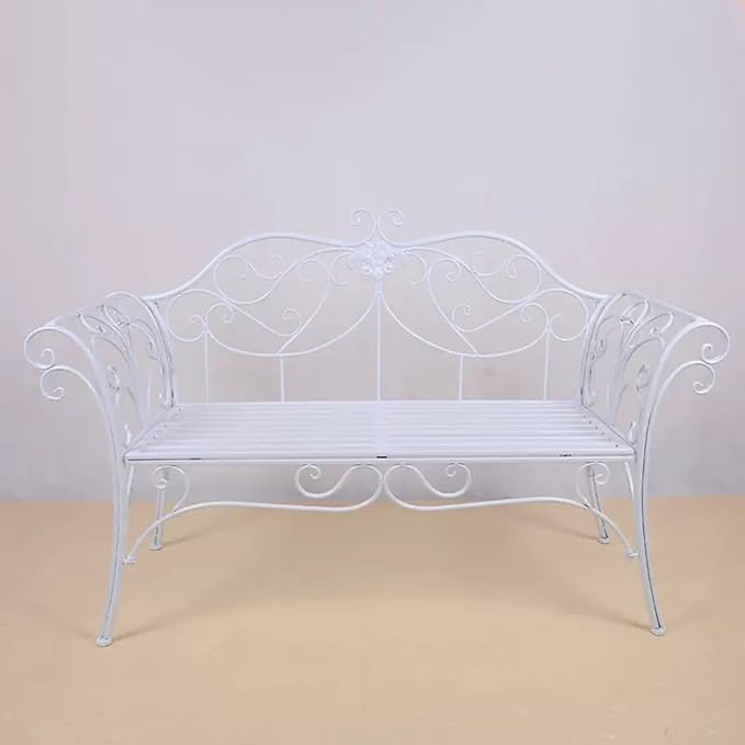 European Style Metal Garden Bench with Exquisite Carvings - Outdoor Patio, Park, Lawn, Yard Furniture (White) - Durable & Elegant Seating Solution for Any Space