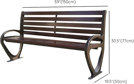 LITFAD Garden Bench Industrial Metal Frame Park Bench with Waterproof Wood Curved Seat Outdoor Seating Bench for Patio, Lawn, Yard, Porch - Brown 59" L x 19.5" W x 30.5" H