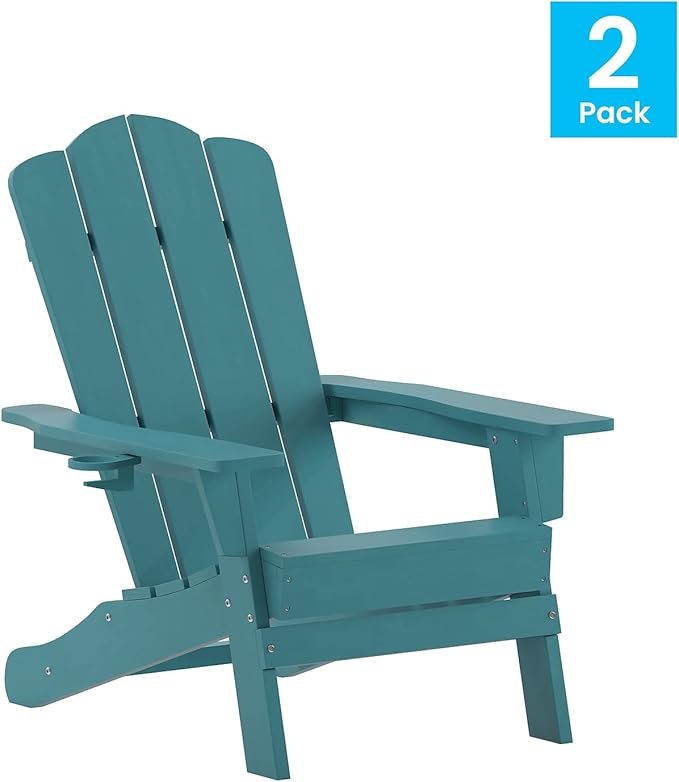 Flash Furniture Newport Adirondack Chairs with Cup Holders, Weather Resistant Poly Resin Adirondack Chairs, Set of 2 - Photo 3