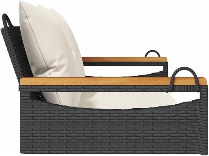 Black Poly Rattan Swing Bench with Removable Cushions, UV Resistant Outdoor Patio Furniture for Garden and Balcony, Sturdy Powder-Coated Metal Frame, Comfortable Seating