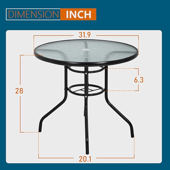 Outdoor Table Patio Table Dining Table with Tempered Glass Umbrella Hole for Lawn Balcony, Yard (Round)
