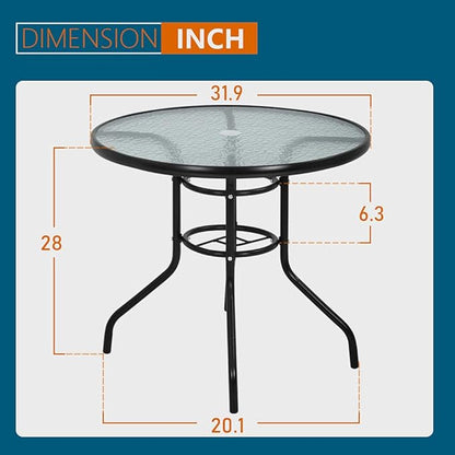 Outdoor Table Patio Table Dining Table with Tempered Glass Umbrella Hole for Lawn Balcony, Yard (Round)