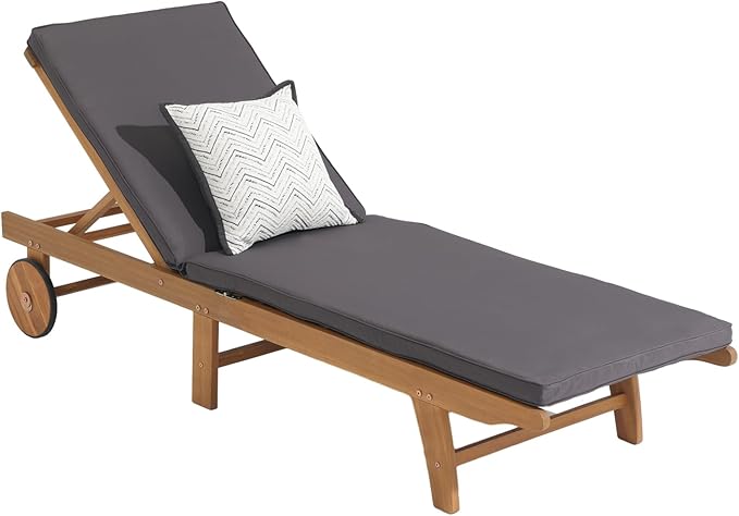 Patiorama Patio Acacia Wood Chaise Lounge, Outdoor Folding Lounge Chair Recliner w/Adjustable Backrest, Wheels, Padded Cushion, Portable Sun Lounger Pool Chair for Deck, Lawn, FSC Certified, Dark Grey