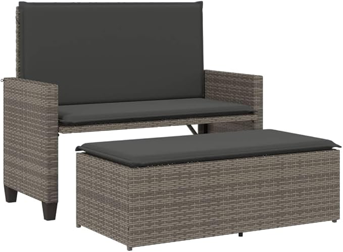 Garden Bench Deck Bench Patio Bench with Cushions and Footstool Gray Poly Rattan - Photo 2