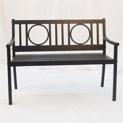 BOWERY HILL Outdoor Metal Bench, 45" W x 24" D x 35" H, Powder-Coated Steel, Black Finish, Elegant Openwork Design, Slatted Seat, Garden, Patio, or Sunroom Furniture