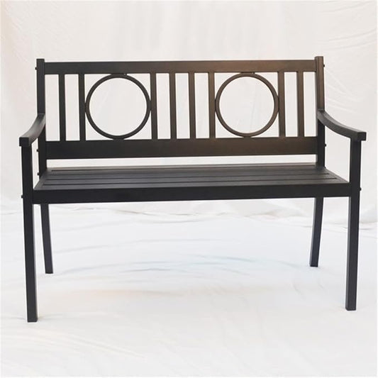 BOWERY HILL Outdoor Metal Bench, 45" W x 24" D x 35" H, Powder-Coated Steel, Black Finish, Elegant Openwork Design, Slatted Seat, Garden, Patio, or Sunroom Furniture