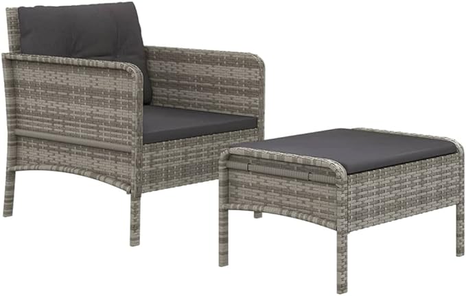 2-Piece Patio Lounge Set with Cushions Gray Poly Rattan Outdoor Furniture Set for Balcony Porch Backyard Garden Modern - Photo 3