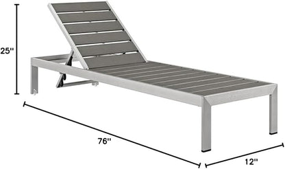 Pemberly Row Modern Outdoor Aluminum Chaise Lounge, 76" Long Recliner, Gray/Silver Finish, Adjustable Height, Dual Wheels, Plastic Wood Accents, Patio Lounger for Sunbathing or Relaxing
