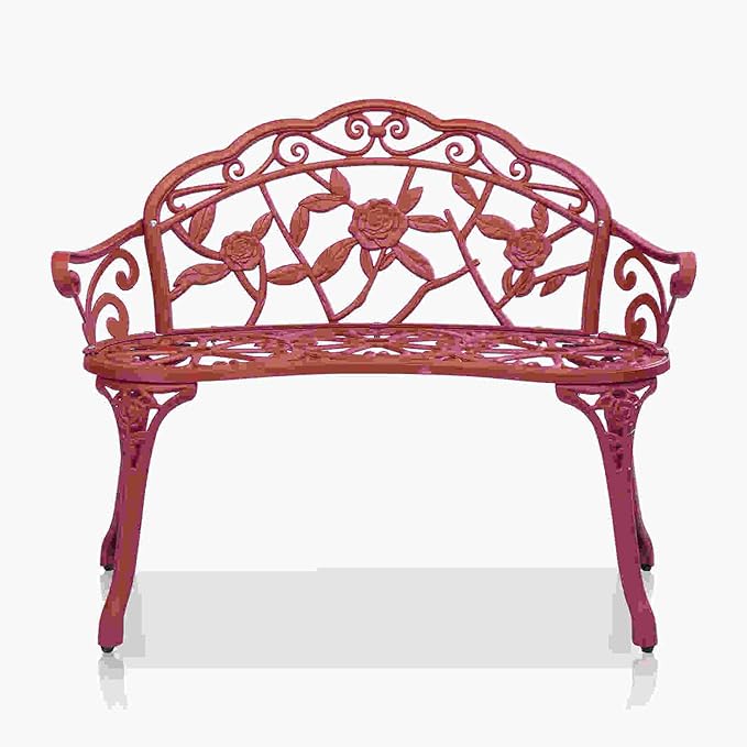 38.5” Outdoor Porch Bench with Hollow Rose Design,Elegant Garden Bench Park Bench for Backyard,Iron Bench with Arms (red)