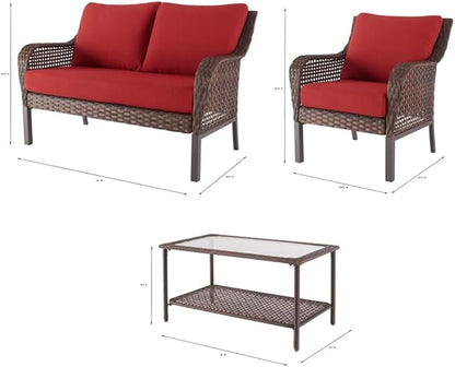 4-Piece Outdoor Conversation Set Includes A Cushioned Loveseat, Two Cushioned Chairs, and A Glass-top Coffee Table