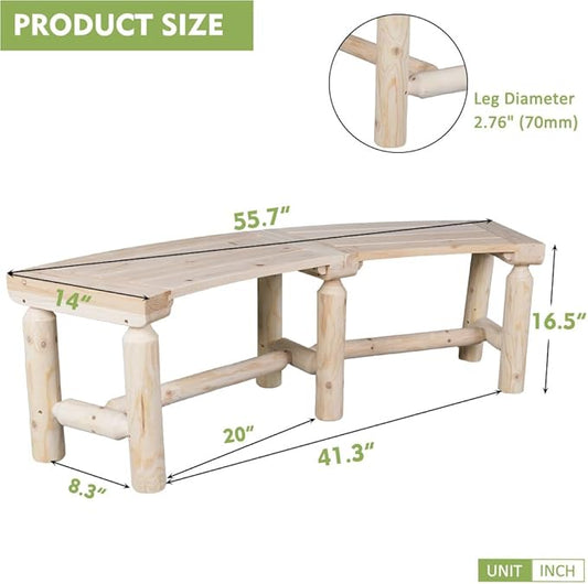 Curved Fire Pit Bench - Solid Wood Backless Outdoor Seat for Patio, Garden, Deck & Tree Surround, Rustic Log Style Circular Seating 40"-55" W×14" D×16.5" H, Natural Finish