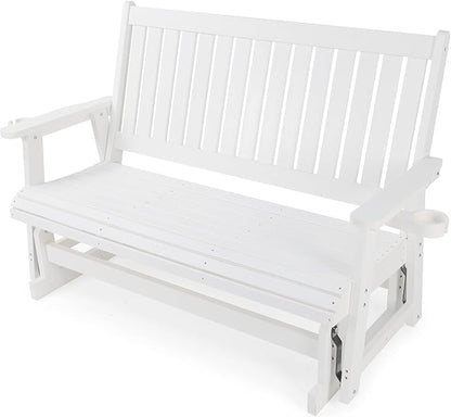 HIPS Patio Glider with Cup Holders, Durable Poly Lumber Material, All-Weather Resistant, High Backrest and Deep Contoured Seat, Heavy Duty 900 LB, for Outdoor, Porch, Patio (Ivory White, 3-Seat)