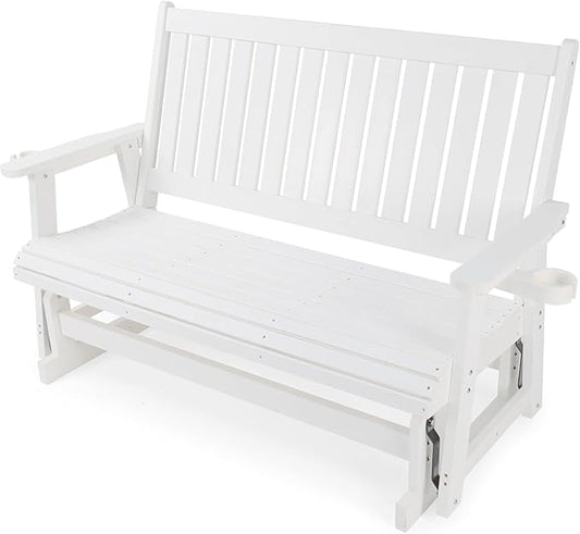 HIPS Patio Glider with Cup Holders, Durable Poly Lumber Material, All-Weather Resistant, High Backrest and Deep Contoured Seat, Heavy Duty 900 LB, for Outdoor, Porch, Patio (Ivory White, 3-Seat)