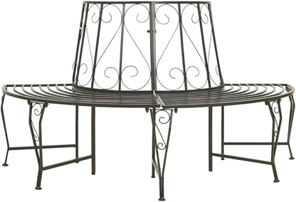 Silver Grey Steel Half-Round Tree Bench Outdoor Seating for Garden Patio Park Durable Waterproof Metal 3-Person Capacity Comfortable Relaxation