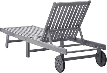 Adjustable Sun Lounger Outdoor Patio Furniture with Wheels, Solid Acacia Wood Grey Wash Finish, Standard Height-Adjustable Backrest for Garden, Poolside, and Balcony Relaxation