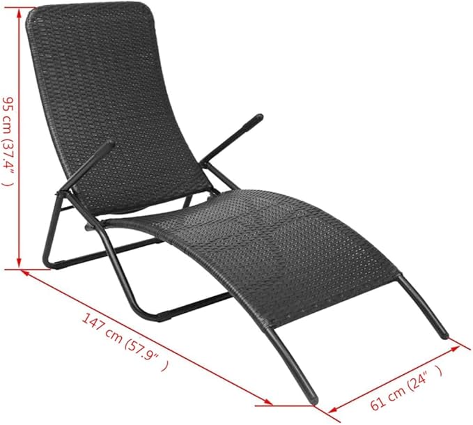 Black PE Rattan Sun Lounger, Powder-Coated Steel Frame, Adjustable Folding Chaise Lounge Chair for Outdoor Patio, Garden - Photo 2
