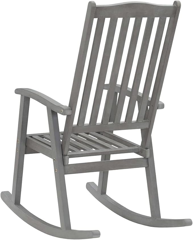 Solid Acacia Wood Rocking Chair, Ergonomic High Back Porch Rocker for Indoor and Outdoor Living Room Garden Patio, Grey