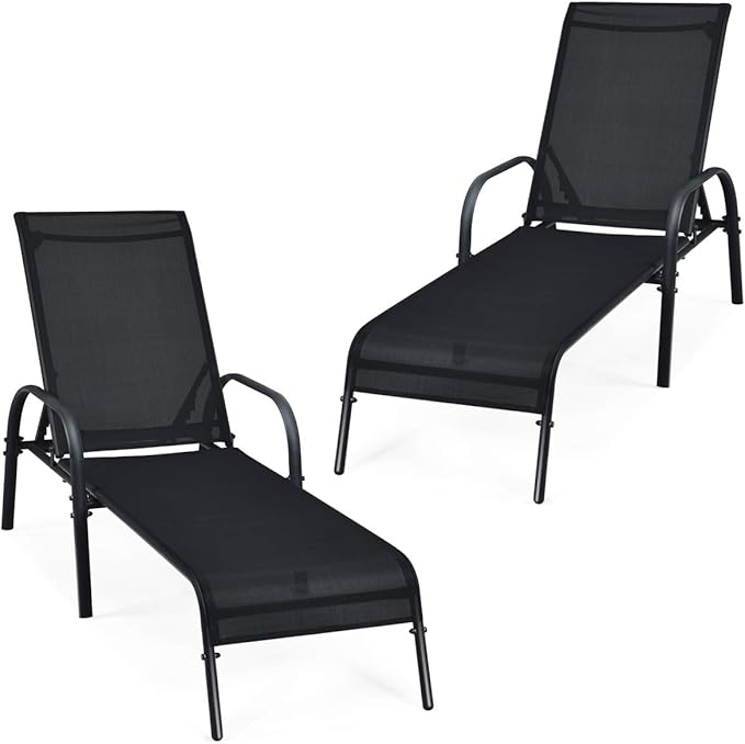 Tangkula Outdoor Lounge Chairs Set of 2, Patio Chaise Lounge with Adjustable Backrest, Reclining Pool Lounge Chairs for Outside with Heavy Duty Steel Frame, Suitable for Beach, Yard, Balcony, Poolside