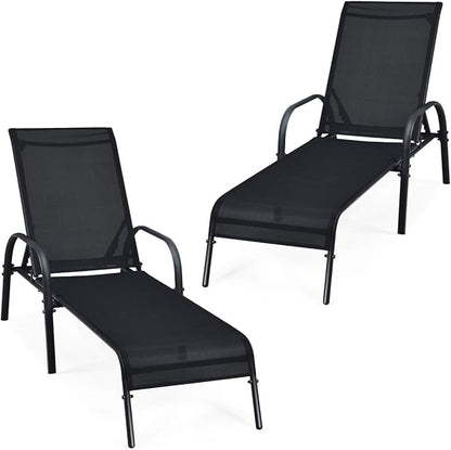 COSTWAY Outdoor Lounge Chairs Set of 2, Patio Chaise Lounge Recliner with Heavy Duty Steel Frame, 5-Position Adjustable Backrest for Deck, Beach, Pool (2, Black)
