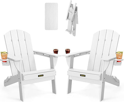 Folding Adirondack Chair Set of 2, Wooden Textured Plastic Adirondack Chairs with 2 Cup Holder, Weather Resistant HDPE Fire Pit Chair, Outdoor Patio Chairs for Garden, Backyard, Lawn, Deck, White