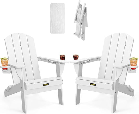 Folding Adirondack Chair Set of 2, Wooden Textured Plastic Adirondack Chairs with 2 Cup Holder, Weather Resistant HDPE Fire Pit Chair, Outdoor Patio Chairs for Garden, Backyard, Lawn, Deck, White