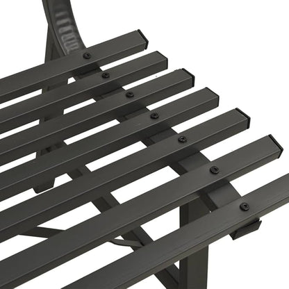 Vintage Black Steel Garden Bench Durable Powder Coated Outdoor Seating for Patio and Backyard Comfortable Large Size 43.3 Inch Long 23.2 Inch Deep Rust Resistant Weatherproof