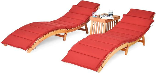Tangkula 3 Pcs Folding Patio Solid Eucalyptus Wood Lounge Chair Set, Outdoor Lounger Chair w/Foldable Side Table, Double-Sided Cushion Lounger Chairs Set for Garden Lawn Backyard(Red & White)