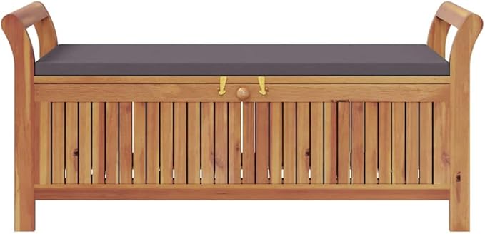 Solid Acacia Wood Garden Storage Bench with Dark Grey Cushion, Rectangular Patio Furniture with Under Seat Storage, Outdoor Seating for Garden Balcony Porch, Brown Oiled Finish, Holds 242.5 lb