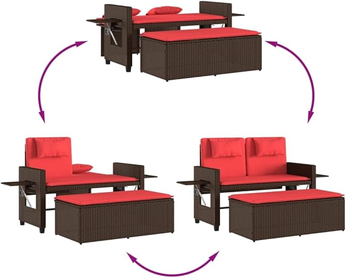 Reclining Patio Bench with Cushions Brown Poly Rattan Porch Bench Outdoor Bench Garden Bench Deck Bench for patios - Photo 9