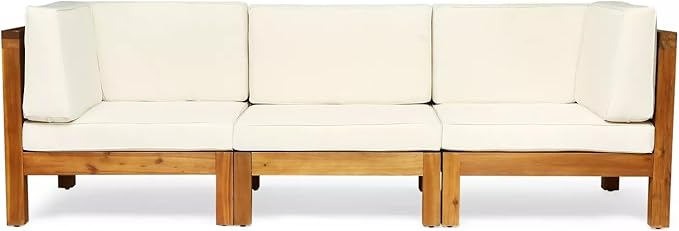 roomfitters Outdoor X-Back 3-Seater Sectional Sofa with Acacia Wood Frame and Cushions, Beige - Photo 4