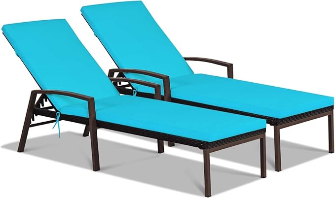 Tangkula 2 PCS Patio Rattan Chaise Lounge Chair, Outdoor Reclining Chaise with Cushion and Armrest, Wicker Sun Lounger with Adjustable Backrest for Garden, Balcony, Poolside