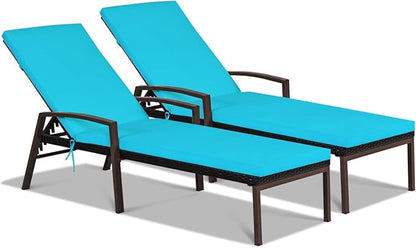Tangkula 2 PCS Patio Rattan Chaise Lounge Chair, Outdoor Reclining Chaise with Cushion and Armrest, Wicker Sun Lounger with Adjustable Backrest for Garden, Balcony, Poolside
