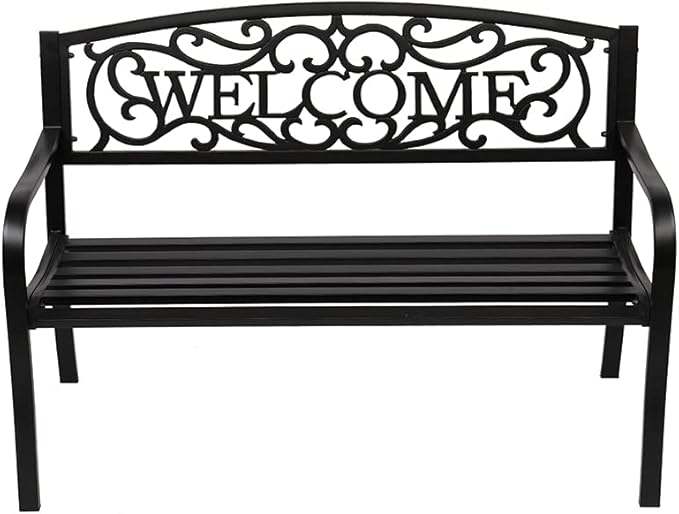 50" Outdoor Welcome Backrest Cast Iron&PVC Bench, Metal Garden Bench Patio Park Furniture with Plastic Backrest