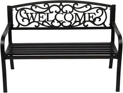 50" Outdoor Welcome Backrest Cast Iron&PVC Bench, Metal Garden Bench Patio Park Furniture with Plastic Backrest