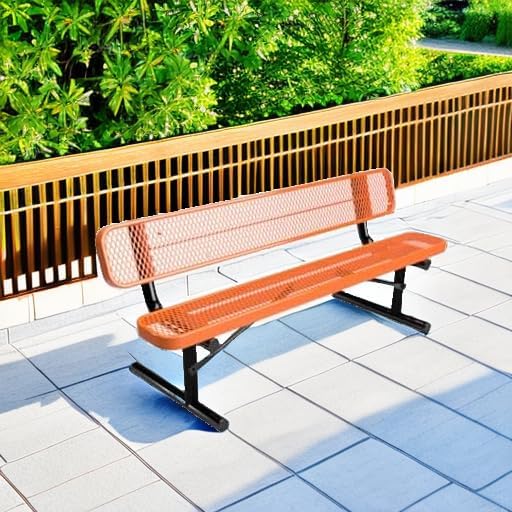 COATEDOUTDOORFURNITURE Coated Outdoor Furniture Heavy-Duty Portable Outdoor Bench Thermoplastic Coated, Expanded Metal, Commercial-Grade Seating, Made in America (Portable with Back, 6 Ft, Orange)