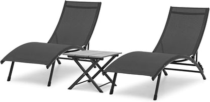 MoNiBloom Outdoor Chaise Lounge Set of 3, Black Aluminum Frame Adjustable Lounge Chairs with Folding Side Table, Breathable All Weather Wavy Sun Lounger for Reading and Sunbathing, 350 Lbs Capacity