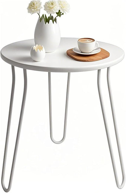 Small Patio Side Table, Weather Resistant Anti-Rust Outdoor Metal Patio Round End Table, Outdoor End Table for Garden, Porch, Balcony, Yard, (White)
