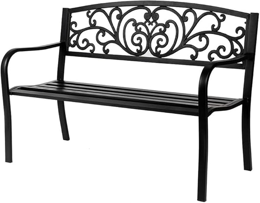 50 Inches Outdoor Garden Bench Cast Iron Metal Frame Furniture with Floral Design Backrest for Porch Yard Lawn Deck, Black