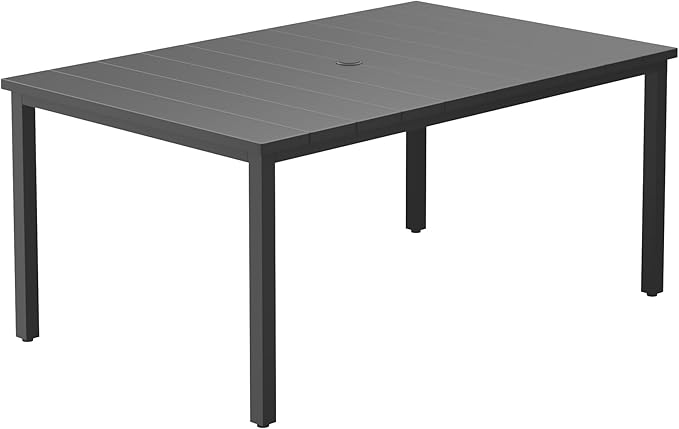 DIFY 63" Rectangle Outdoor Dining Table for 6, Slatted Metal Patio Table with Adjustable Umbrella Hole, All-Weather Patio Dining Table for Garden Backyard Deck, Black Tabletop