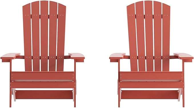 Flash Furniture Charlestown Folding Adirondack Chair - Red - Poly Resin - Indoor/Outdoor - Weather Resistant - Set of 2